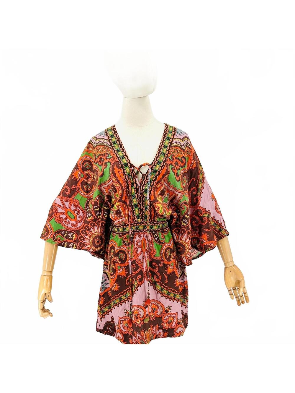 Farm Rio Brown Orange Paisley Tapestry Lace-Up Mini Dress